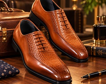 Handmade Tan Crocodile Embossed Oxford Shoes, Luxury Formal Men's Footwear