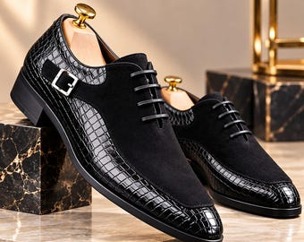 Handmade Black Crocodile Embossed Leather Oxford Shoes, Luxury Suede Lace-Up Dress Footwear