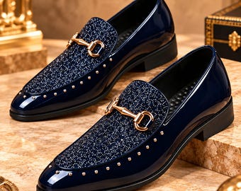 Navy Blue Patent Leather Horsebit Loafers, Luxury Men's Dress Shoes, Gold Bit Formal Wear