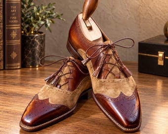 Handmade Two-Tone Leather Brogue Oxford Shoes, Tassel Lace-Up Formal Men's Footwear