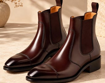 Handmade Dark Brown Leather Chelsea Boots, Cap Toe Dress Shoes, Pull Tab Formal Footwear