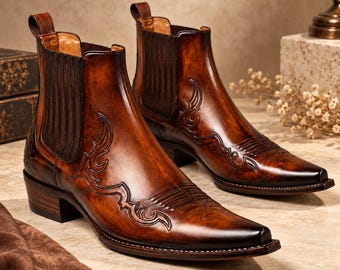 Handmade Burnished Leather Chelsea Boots, Western Cowboy Style, Pointed Toe (Made to Order)