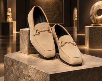 Handmade Beige Suede Horsebit Loafers, Luxury Slip-On Dress Shoes (Made to Order)
