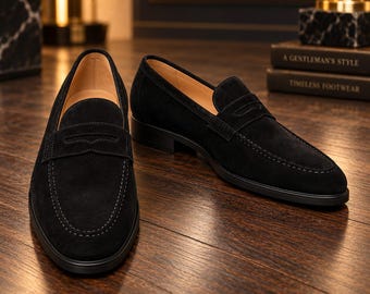 Handmade Black Suede Penny Loafers, Men's Formal Slip-On Dress Shoes