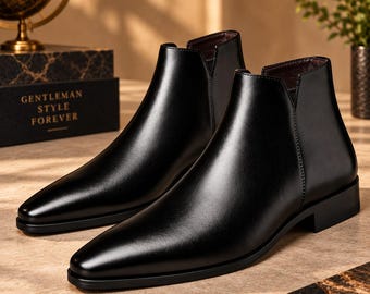 Handmade Black Leather Chelsea Boots, Pointed Toe Ankle Boots, Formal Wedding Shoes