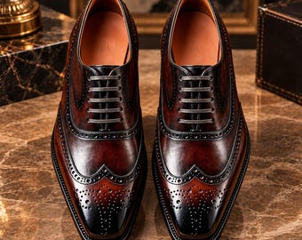 Handgemaakte bruine leren Oxford-schoenen met vleugelneus – luxe brogue-schoenen voor formele gelegenheden