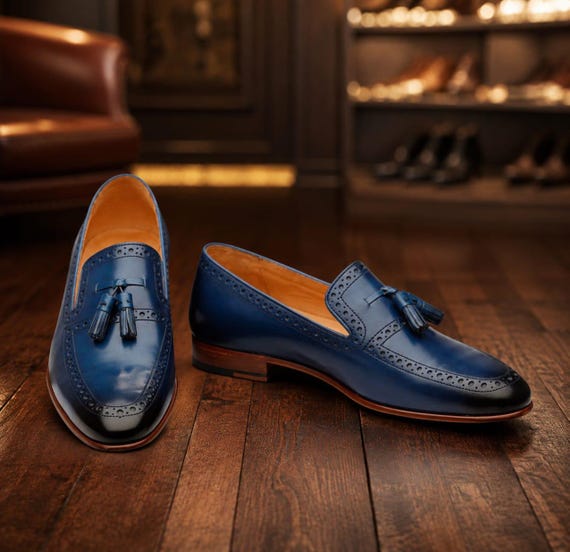 Handmade Navy Blue Leather Tassel Loafers – Luxury Formal Men's Shoes