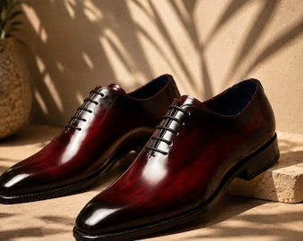 Handmade Burgundy Leather Oxford Shoes, Exotic-Textured Formal Footwear