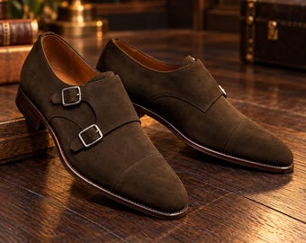 Handmade Brown Suede Double Monk Strap Shoes, Luxury Formal Men's Footwear