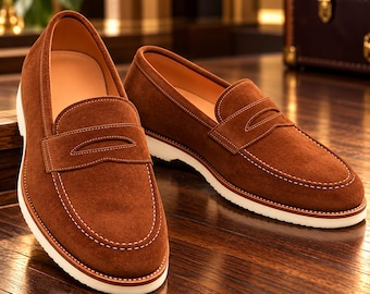 Handmade Brown Suede Penny Loafers – Classic Moc Toe Driving Shoes