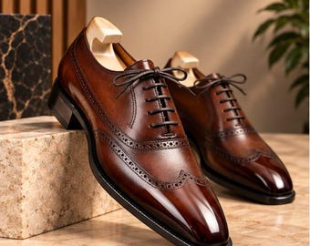 Handmade Brown Leather Wingtip Oxford Shoes, Goodyear Welted Formal Footwear
