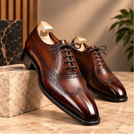 Handmade Brown Leather Wingtip Oxford Shoes, Goodyear Welted Formal Footwear