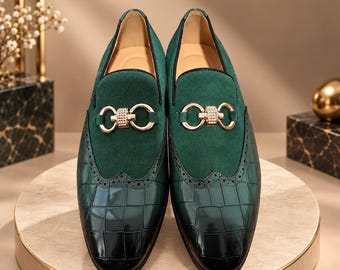 Green Crocodile Embossed Leather Loafers, Horsebit Detail, Formal Dress Shoes (Handmade)