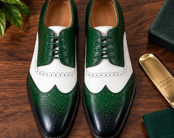 Zapatos Oxford Brogue bicolor verde y blanco hechos a mano, zapatos de vestir de cuero personalizados.
