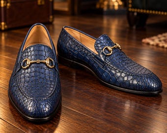 Handmade Navy Crocodile Embossed Leather Loafers, Gold Horsebit Slip-On Dress Shoes