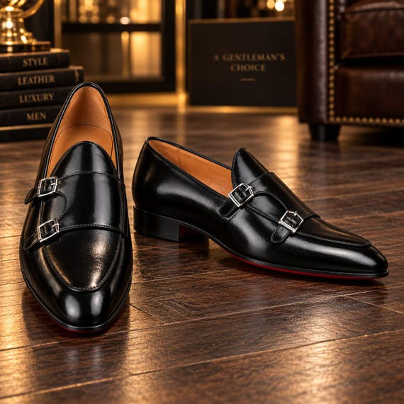 Handmade Black Leather Double Monk Strap Loafers, Pointed Toe Formal Shoes