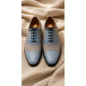 Handmade Blue Crocodile Embossed Leather Oxford Shoes, Formal Wedding Footwear