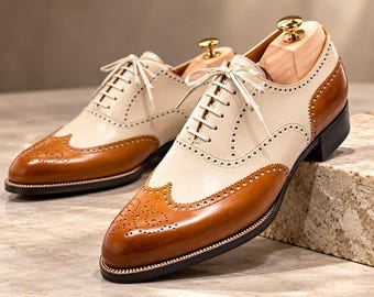 Handmade Two-Tone Leather Brogue Shoes, Cognac Brown & Cream Oxford Dress Footwear