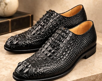 Zapatos Oxford de piel negra con relieve de cocodrilo, hechos a mano – Calzado formal de lujo