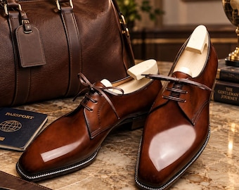 Handmade Brown Leather Derby Shoes – Goodyear Welted Formal Footwear