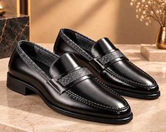 Mocasines de piel negra hechos a mano, zapatos de vestir de lujo sin cordones (hechos a medida).