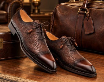 Handmade Brown Leather Oxford Shoes, Crackle Patina Cap Toe Dress Footwear