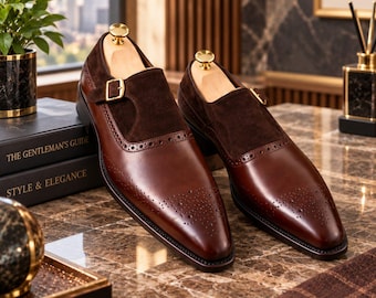 Handgemaakte bruine leren monk strap schoenen, brogue geklede schoenen (op bestelling gemaakt)