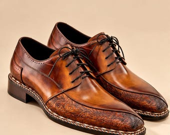 Handmade Brown Leather Oxford Shoes, Embossed Formal Derby Footwear
