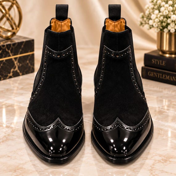 Handmade Black Leather Chelsea Boots, Wingtip Brogue Dress Shoes (Made to Order)