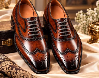 Handmade Brown Leather Brogue Oxford Shoes, Wingtip Formal Footwear