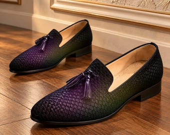 Handmade Purple Black Leather Tassel Loafers, Textured Slip-On Dress Shoes (Made to Order)
