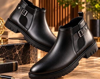Handmade Black Leather Chelsea Boots, Rugged Lug Sole, Buckle Dress Footwear