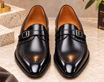 Handmade Black Leather Double Monk Strap Shoes, Luxury Formal Footwear