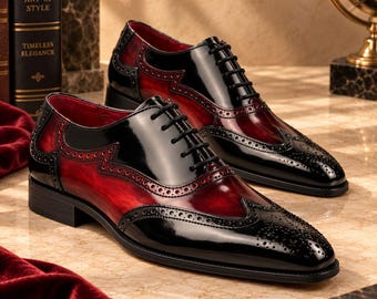 Chaussures Oxford à bout golf en cuir verni bordeaux faites main, chaussures habillées de luxe
