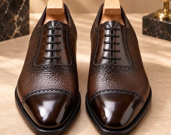 Handgefertigte Oxford-Schuhe aus dunkelbraunem Leder mit Kappe – Elegante Brogue-Schuhe für formelle Anlässe