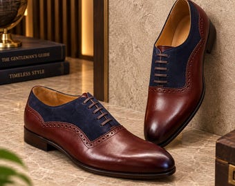 Two-Tone Burgundy Leather & Navy Suede Oxford Shoes, Handmade Formal Footwear