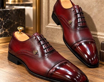 Handmade Burgundy Leather Oxford Shoes, Cap Toe Dress Footwear (Made to Order)