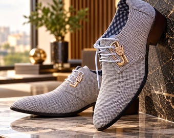Handmade Gray Textured Oxford Shoes, Gold Buckle, Formal Groomsmen Footwear