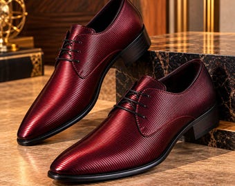 Handmade Burgundy Leather Oxford Shoes, Textured Formal Footwear, Wedding Dress Shoes