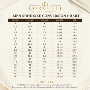 May include: A Lorvelli shoe size conversion chart with a cream background and dark brown text. The table lists US, EU, and UK sizes alongside corresponding foot length measurements in inches and centimeters, ranging from US size 5 to 16.