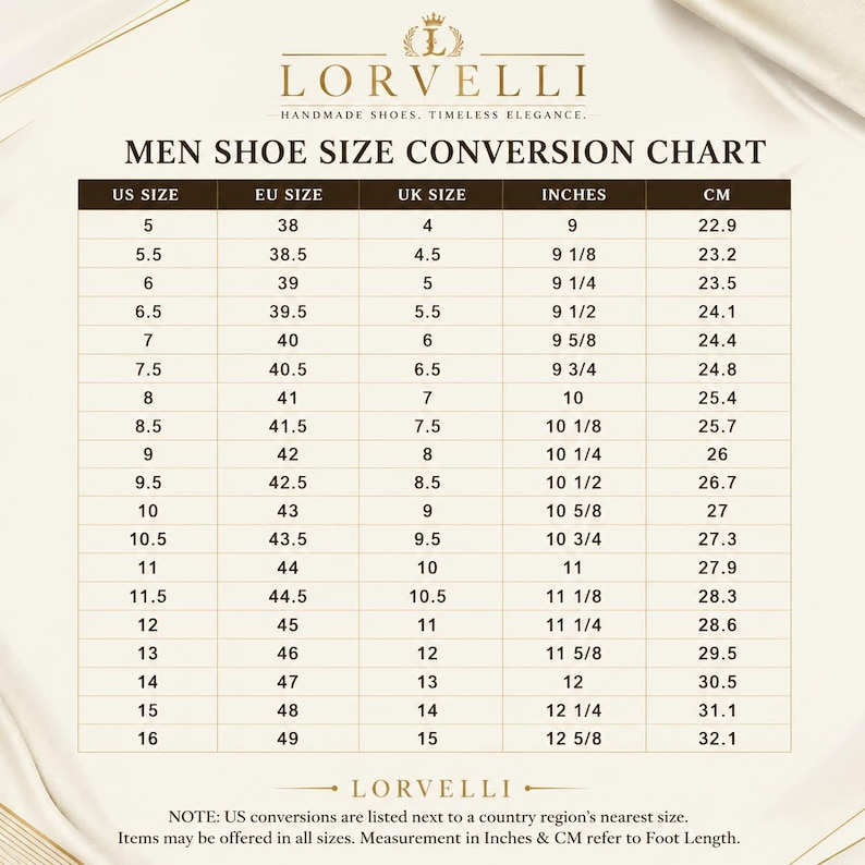 May include: A Lorvelli shoe size conversion chart with a cream background and dark brown text. The table lists US, EU, and UK sizes alongside corresponding foot length measurements in inches and centimeters, ranging from US size 5 to 16.