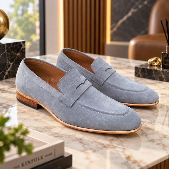 Handmade Light Blue Suede Penny Loafers, Luxury Casual Dress Shoes (Made to Order)