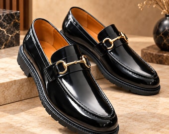 Handmade Black Leather Horsebit Loafers, Gold Bit Formal Dress Shoes