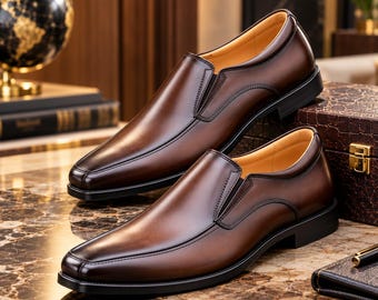 Handmade Brown Leather Slip-On Loafers, Luxury Formal Dress Shoes for Men