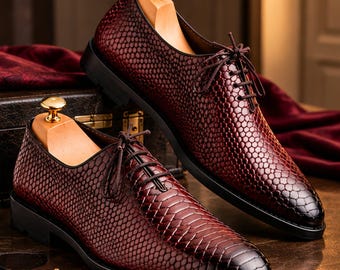 Handmade Burgundy Crocodile Embossed Leather Derby Shoes, Formal Wedding Footwear