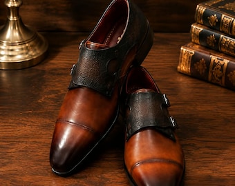 Handgefertigte braune Lederschuhe mit doppeltem Monk-Riemen, luxuriöse formelle Schuhe
