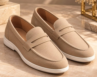 Men's Beige Suede Penny Loafers – Handmade Slip-On Dress Shoes