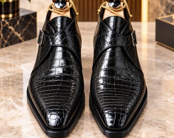 Handmade Black Crocodile Embossed Leather Monk Strap Shoes, Pointed Toe Formal Footwear