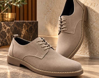 Handmade Taupe Suede Derby Shoes, Elegant Lace-Up Formal Footwear