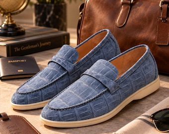Handmade Blue Crocodile Embossed Penny Loafers, Luxury Leather Slip-On Shoes